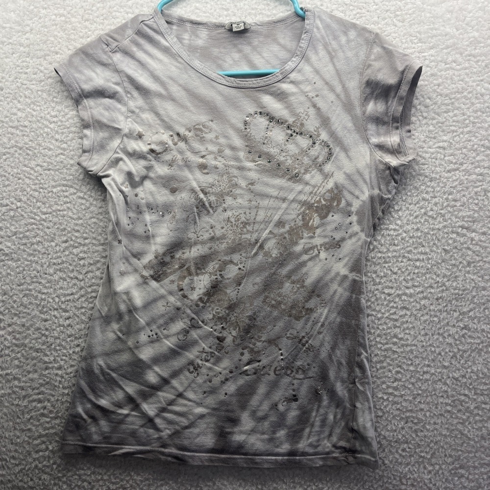 Guess Shirt Womens Medium Gray Logo Design Short Sleeve 100% Cotton Crown Queen